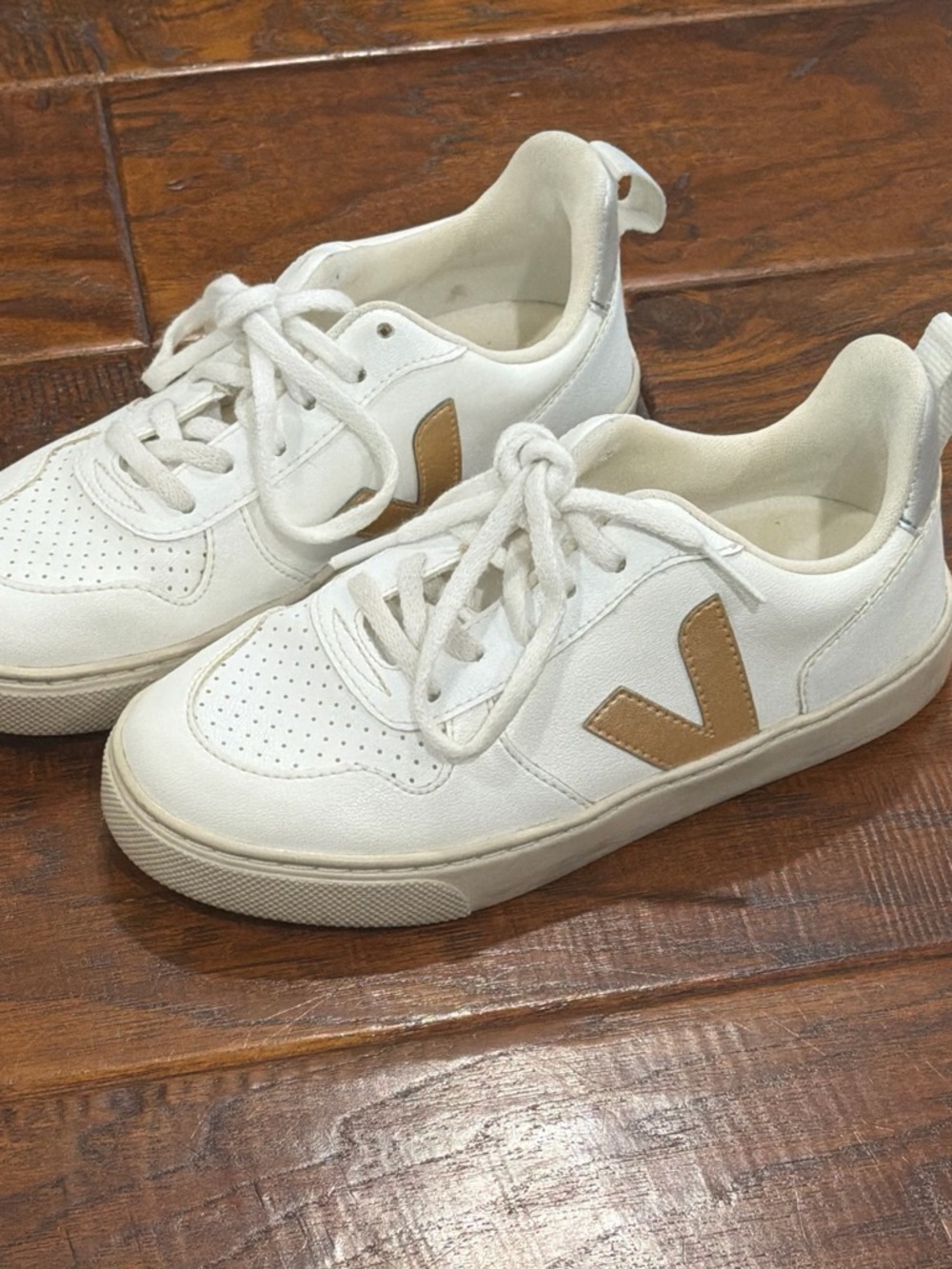 Veja Kids White Sneakers with Tan V Logo